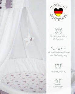 Mionido Stubenwagen Maxi Weiß Pyjamabär Flieder Mit Garnierung, Matratze Und Matratzenbezug -Baby Online Shop 0300 23 13
