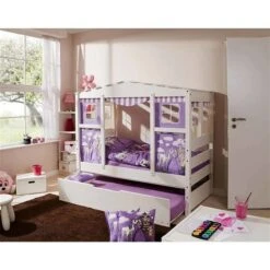 Ticaa Hausbett MINI Horse Lila Kiefer - Bettkasten Weiß Massivholz - Dessin: Horse Lila - 80 X 160 Cm