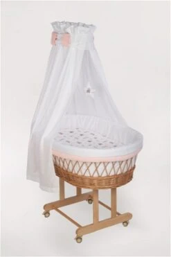 Mionido Stubenwagen Maxi Natur Pyjamabär Rosa Mit Garnierung, Matratze Und Matratzenbezug