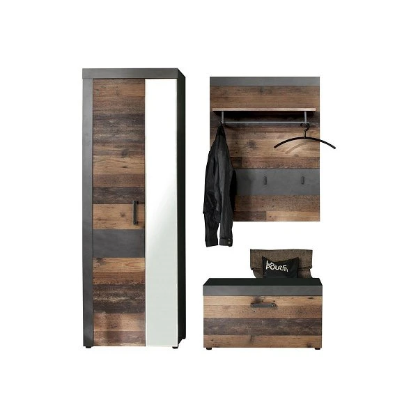 Trendteam Indy Garderoben-Set 3-teilig Old Wood / Graphit Grau | Planeel, Bank, Schrank 3 Trendteam Indy Garderoben-Set 3-teilig Old Wood / Graphit Grau | Planeel, Bank, Schrank