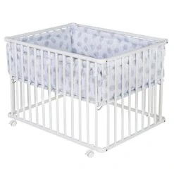 Schardt Laufgitter Basic Buche Massiv Weiß 75 X 100 Cm, Mit Laufrollen, Folie Schäfchen Grau